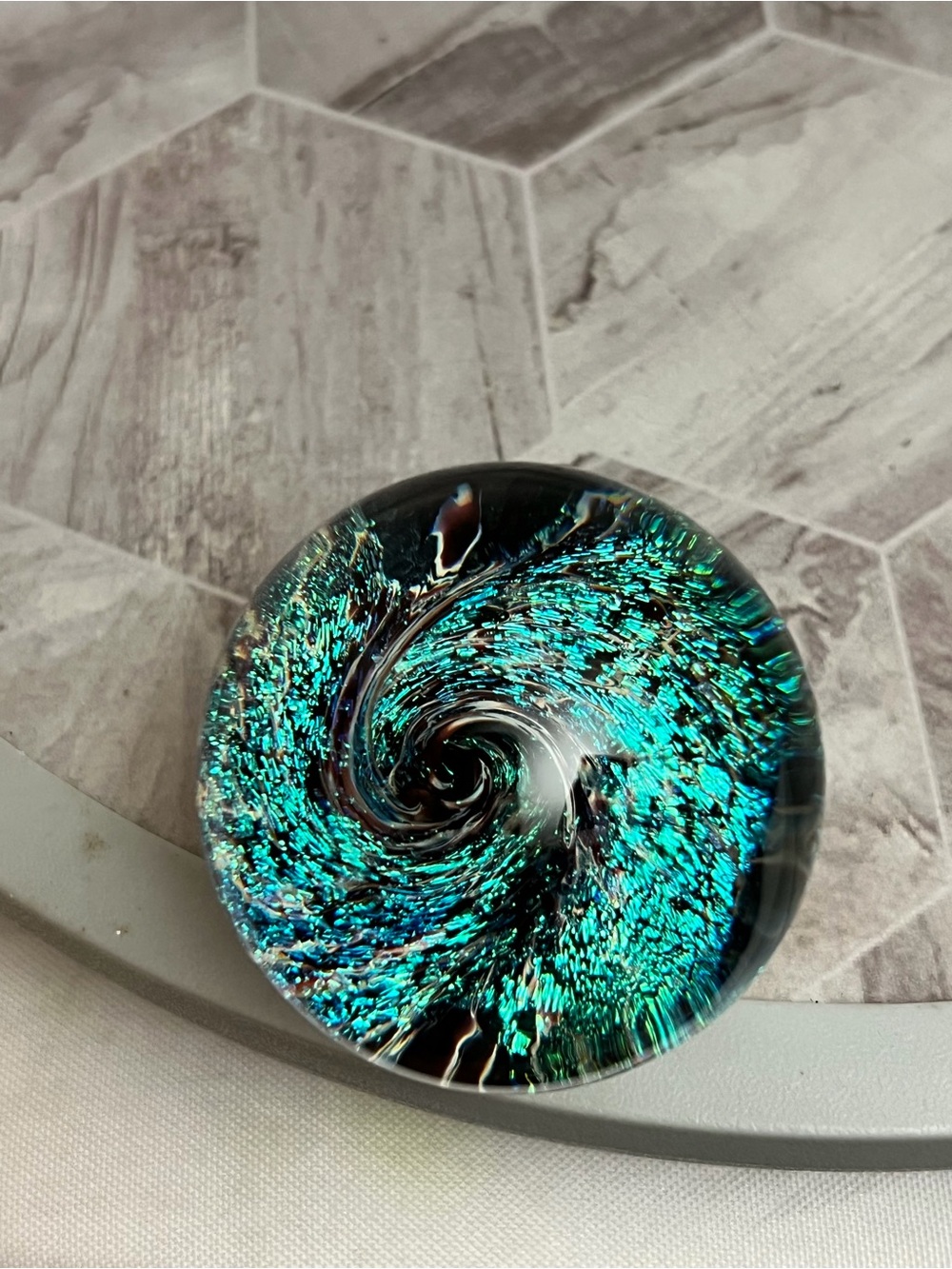 Dichroic Art Glass Paperweight Blue Teal Vortex Swirl Hand Blown 2 Inch